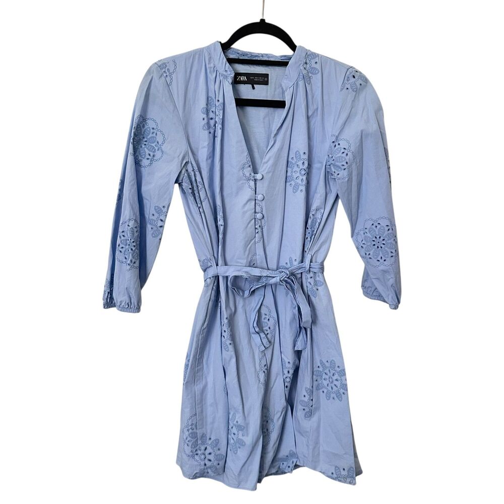 ZARA Floral Eyelet Belted Mini Dress Light Blue Small - Picture 2 of 5
